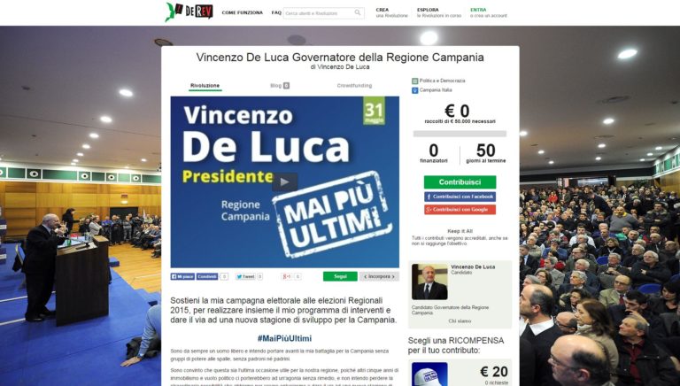 Regionali Campania, De Luca lancia campagna di crowdfunding