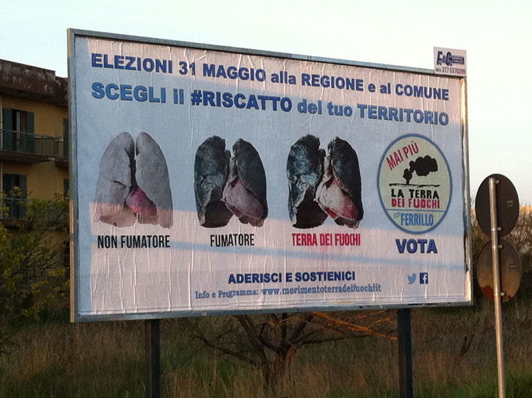 Regionali Campania, a Giugliano manifesto choc della lista Mai Più Terra dei fuochi