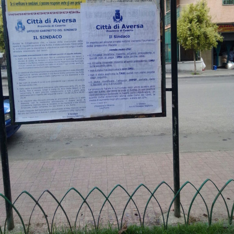 Aversa: ‘caro-tasse’ Sagliocco non ci sta e fa affiggere un manifesto: “Troppe notizie false”