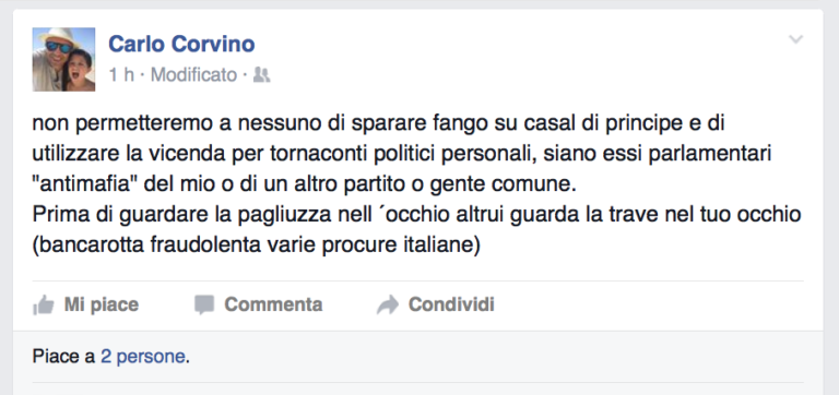 Casal di Principe, Corvino replica alla Capacchione: guardi la trave nel suo occhio invece che la pagliuzza in quello degli altri