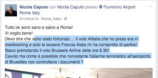Attentati Bruxelles, Caputo pubblica foto appena sbarcato a Roma: “Sono stato fortunato, ho rischiato di restare lì'”