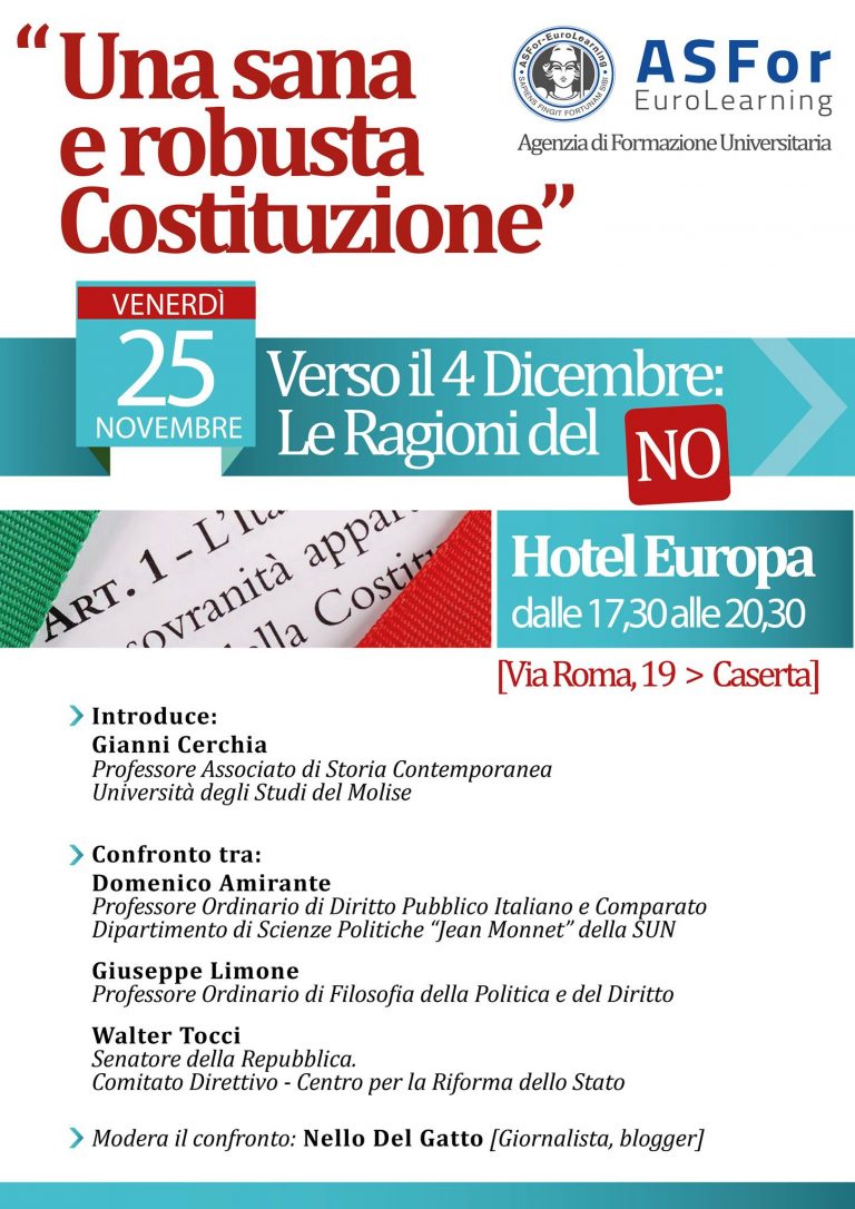 Caserta, ASFor EuroLearning promuove confronto su ragioni del no a riforma costituzionale