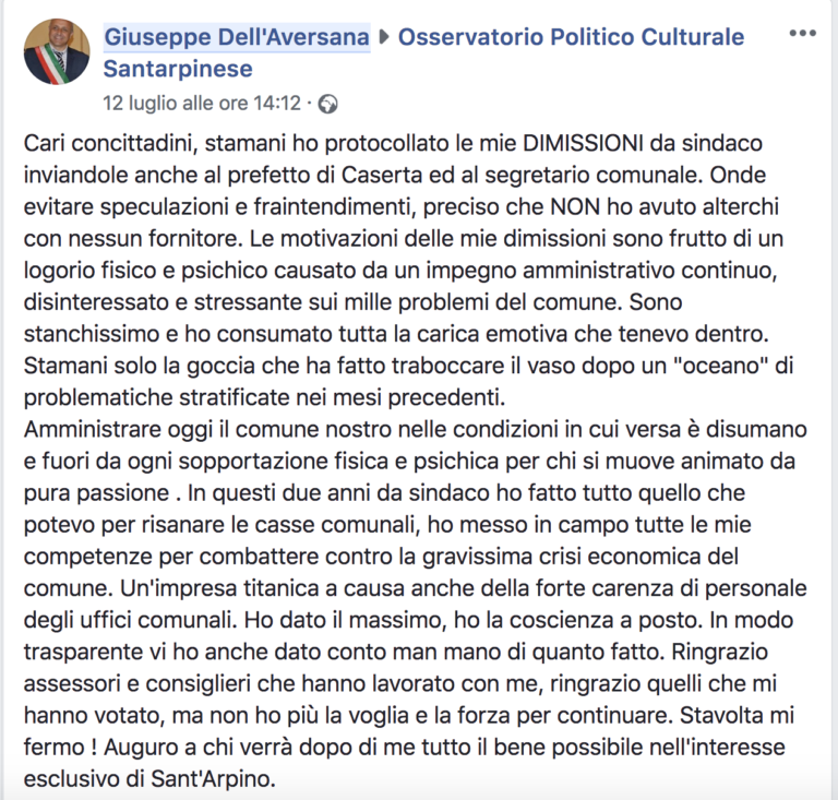 Signor sindaco Giuseppe Dell’Aversana ha perso lo “scuorno”, basta pipponi moralistici: è ridicolo, risolva i problemi di Sant’Arpino