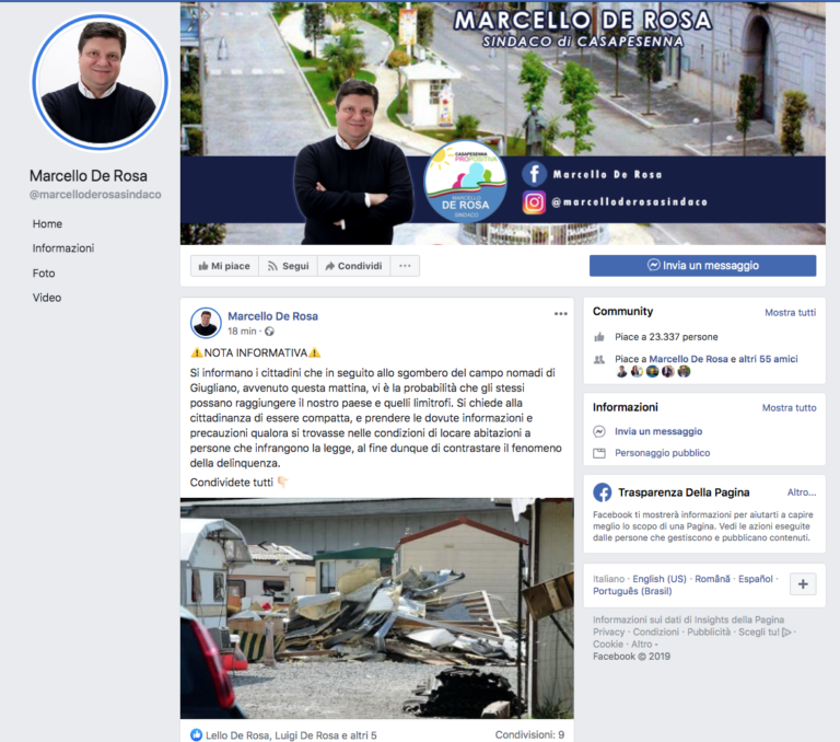 FOTO Casapesenna, il sindaco del Pd De Rosa è impazzito: post razzista contro i rom