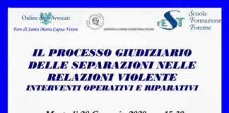 “Il processo giudiziario delle separazioni nelle relazioni violente”, 28 gennaio corso di formazione alla Fondazione Forense di Santa Maria Capua Vetere
