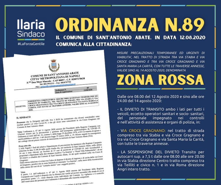 Sant’Antonio Abate, misure anticovid: il sindaco Abagnale ordina la chiusura di numerosi luoghi pubblici