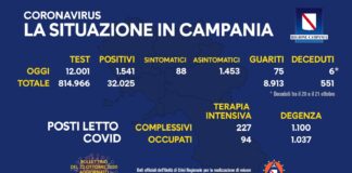 Positivi del giorno in Campania a quota 1541, in terapia intensiva occupati 94 posti su 227