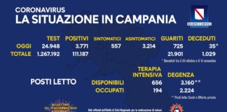 Positivi in Campania a quota 3771, in rapporto ai tamponi percentuale scende al 15 per cento