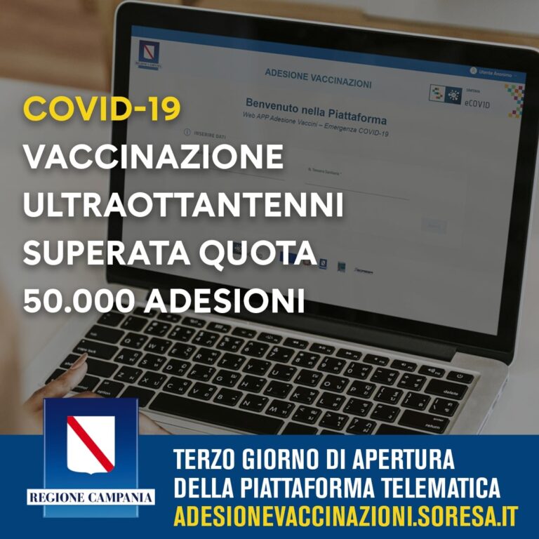 Vaccinazioni: al terzo giorno di apertura della piattaforma: iscritti oltre 50mila over 80