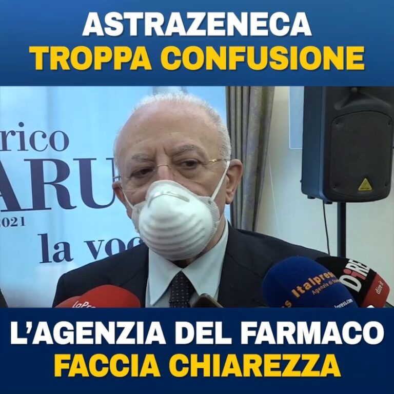 Seconde dosi, De Luca detta le regole: “No a mix di vaccini e mai più quelli a vettori virali”
