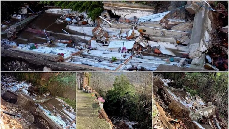 Nel Sannio crolla ala del cimitero, recuperati 52 feretri finiti in un vallone