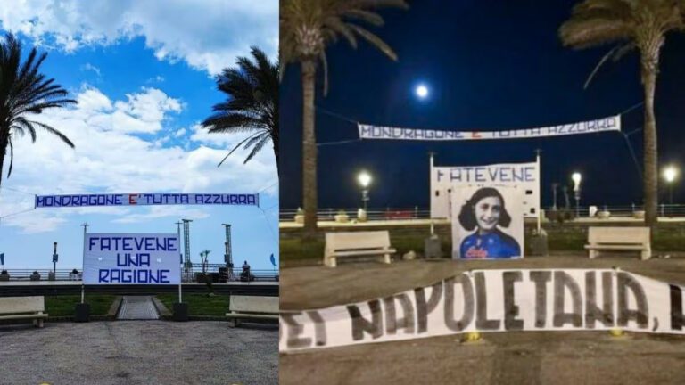 Striscione choc a Mondragone, Anna Frank con la maglia del Napoli: “Tu sei napoletana, noi no!”