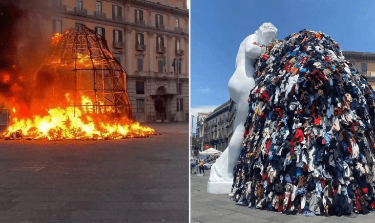 Napoli, un incendio distrugge la Venere degli stracci. Il sindaco: “C’era una gara sui social”